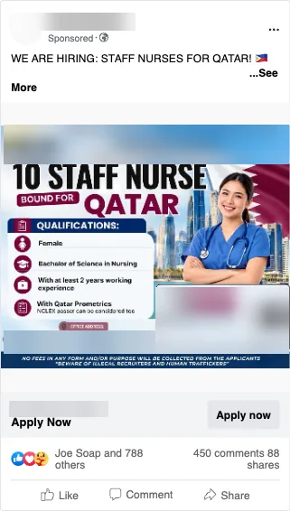 Facebook job ad for 10 staff nurses bound for Qatar, with the agency license number and the no-fees warning