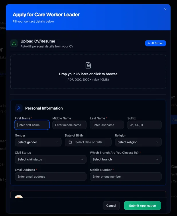AI application form with CV upload that auto-fills personal details